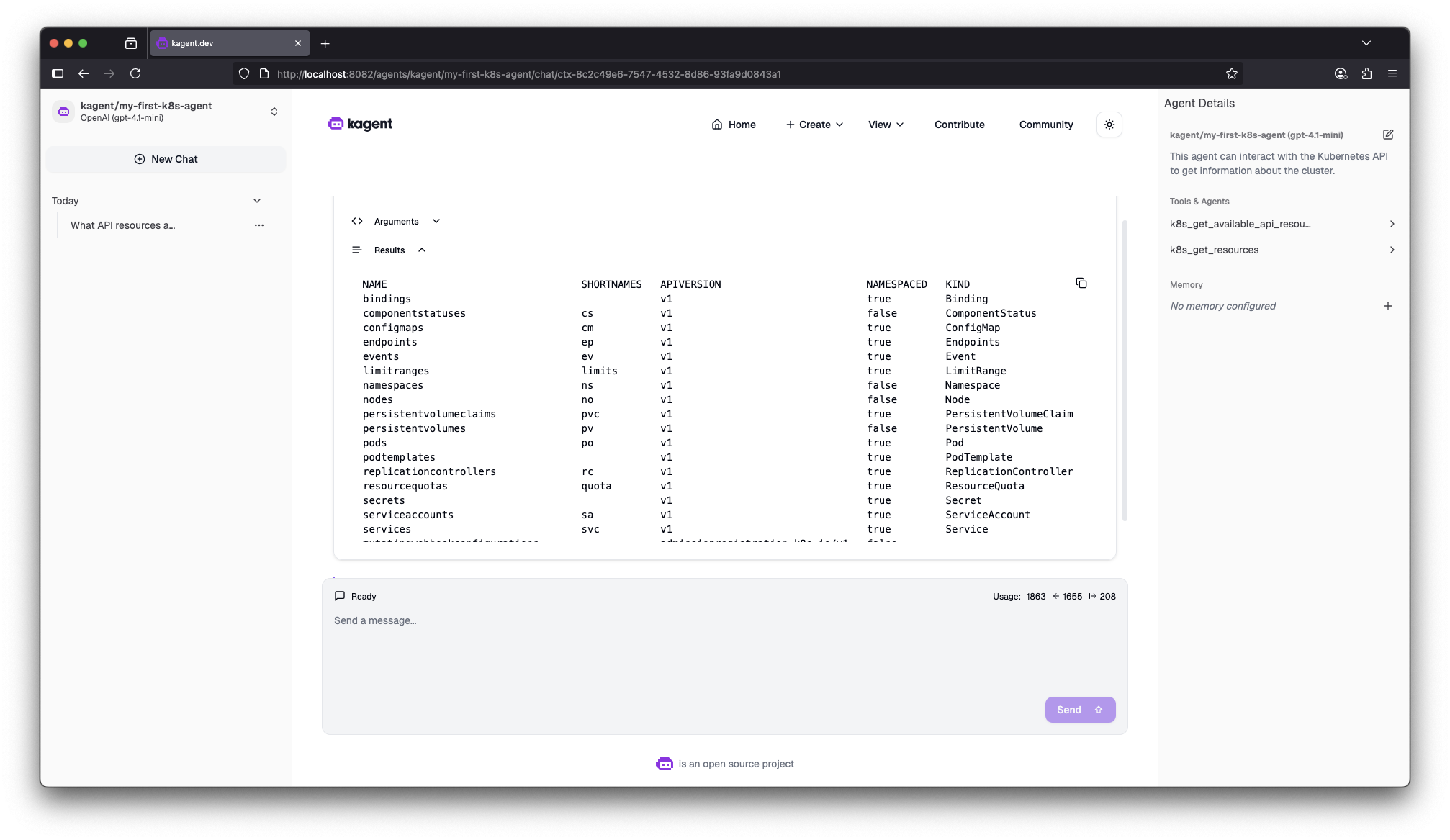 Explore features of the chat UI, such as results that show the output of terminal commands kagent chat details
